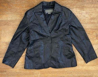 Vintage Black Leather Jacket Size Medium 1990s Blazer Cut Coat