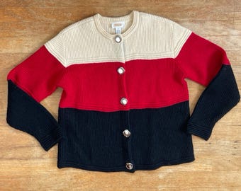 Vintage Chunky Wool Cardigan Size Small 90s Ribbed Colorblock Button Down