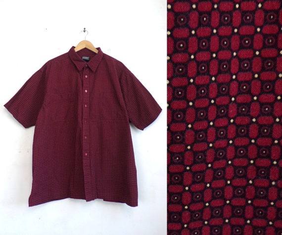 Vintage Mens Geometric Print Shirt | 90s Red Cott… - image 1