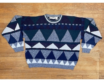 Vintage Mens Geometric Sweater Size XL 90s Knit Acrylic Triangle Crew Neck