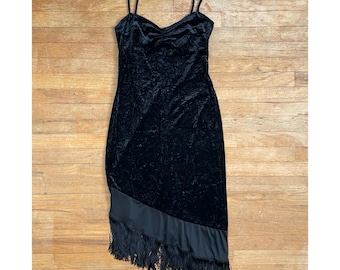 Vintage Black Crushed Velvet & Fringe Dress Size Small 1990s Black Sleeveless Wiggle Slip
