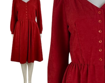 Vintage Red Microfiber Dress Womens Size XS/Small | 70s Long Sleeve A-Line with Pockets