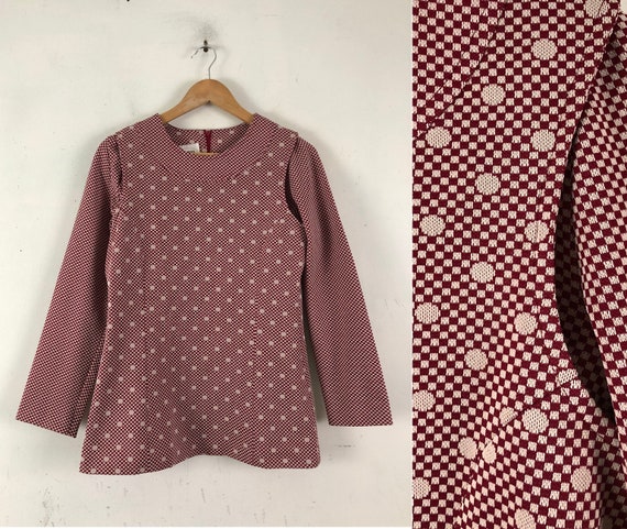 Vintage Checkered & Polka Dot Top | 60s Burgundy … - image 1