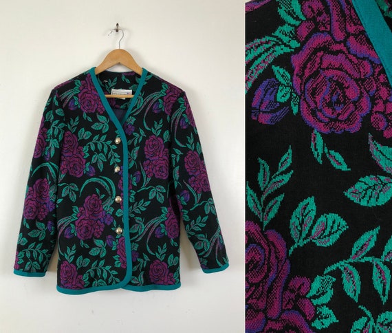 Vintage Floral Print Jacket | 80s Fine Knit Rose P