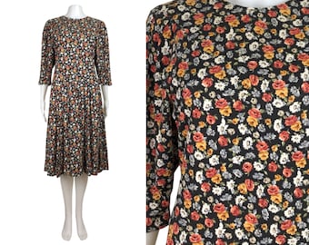 Vintage Floral Print Dress | 90s Fine Knit A-Line Dress | Womens Size Small