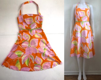 Vintage Floral Cotton Dress | 90s Cotton Halter Dress | Womens Size Small