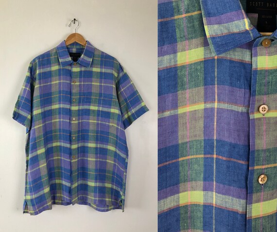 Vintage Mens Plaid Shirt | 90s Pastel Tartan Linen