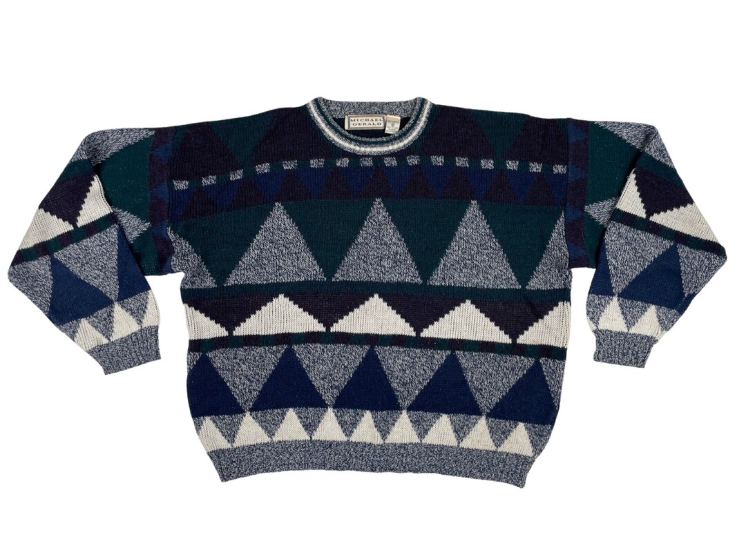Vintage Mens Geometric Sweater 90s Knit Acrylic Crew Neck Sweater Mens