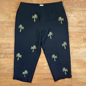 Vintage Silk Capris Size XL 34&quot; Waist 90s Black Palm Tree Embroidered Pants Cropped