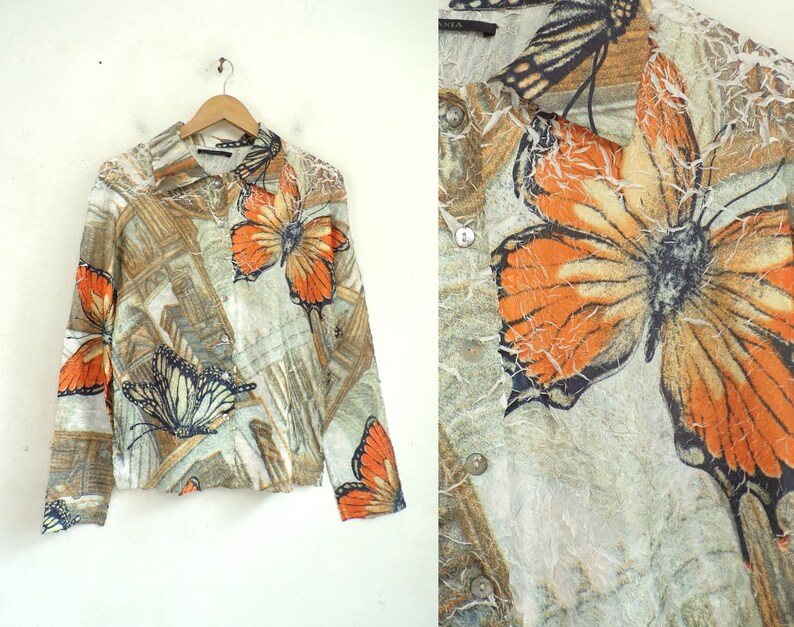 90s Animal Print Crinkled Button Down Shirt Womens Size Medium Vintage Butterfly Blouse