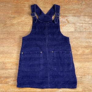 Vintage Girls Corduroy Skirt Overalls Size 7 | 1990s Purple Plaid Cotton Pinafore Dress