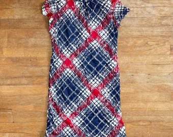 Vintage 1960s Plaid Dress Size Small 60s Knit Nylon Short Sleeve Frock Collared