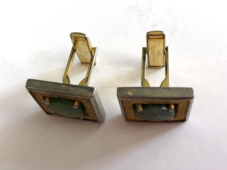 Gold /& Silver Tone Vintage Natural Stone Cuff Links 70s Marbled Green Stone Square Cufflinks