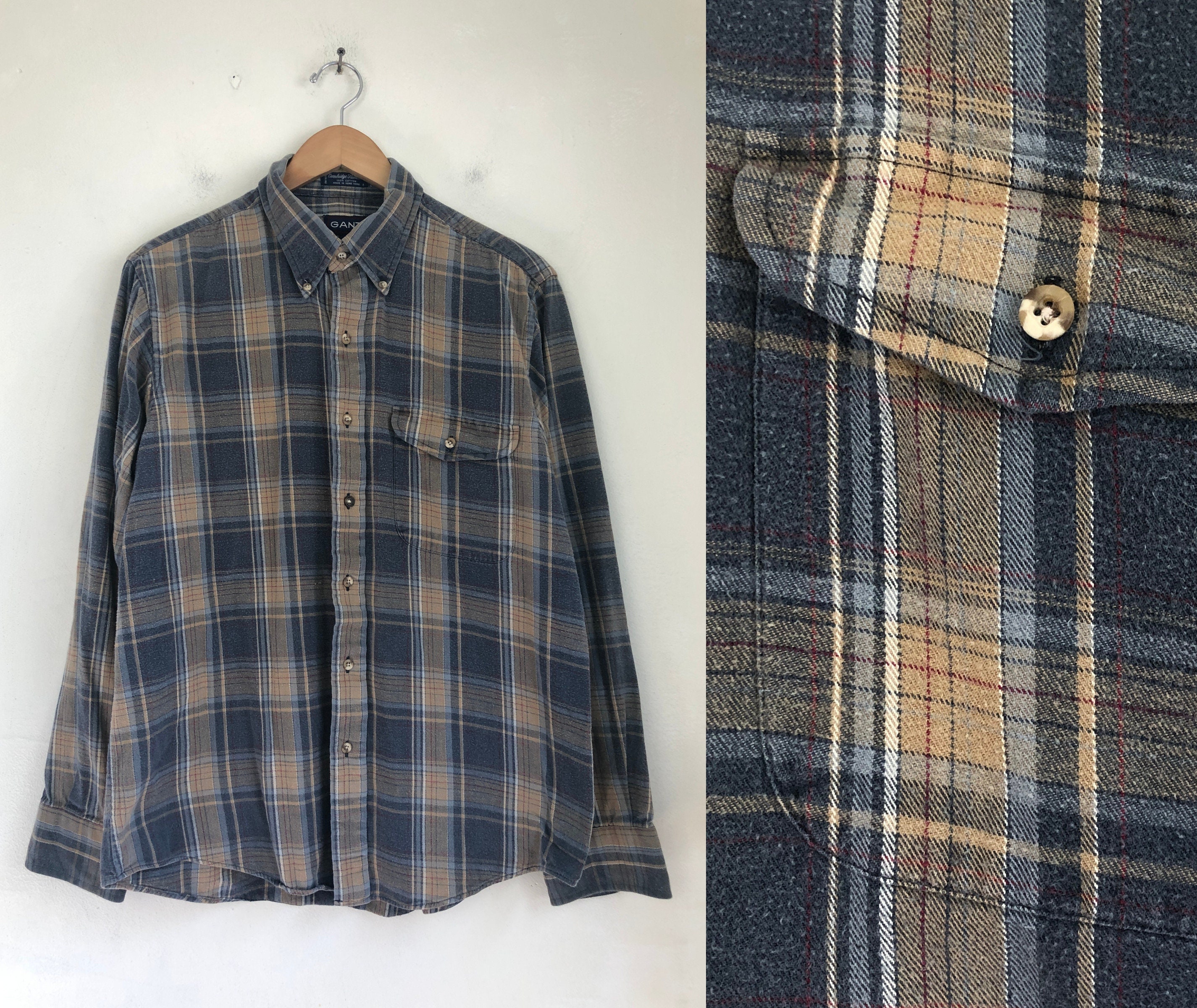 Vintage Mens Plaid Flannel Shirt 80s Blue/Beige Worn In Soft | Etsy