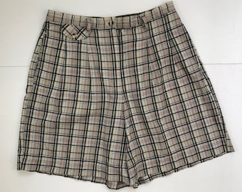 Vintage High Waist Shorts | 90s Plaid Cotton Shorts | Womens Size XL | 32-33" Waist