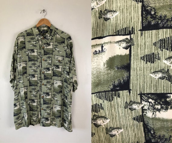 Vintage Mens Fish Print Shirt | 90s Hawaiian Rayon