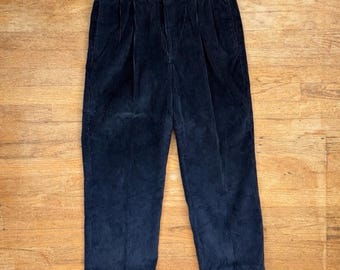 Vintage Mens Tommy Hilfiger Corduroys 32x27 Dark Blue 90s Pleated Cotton Pants