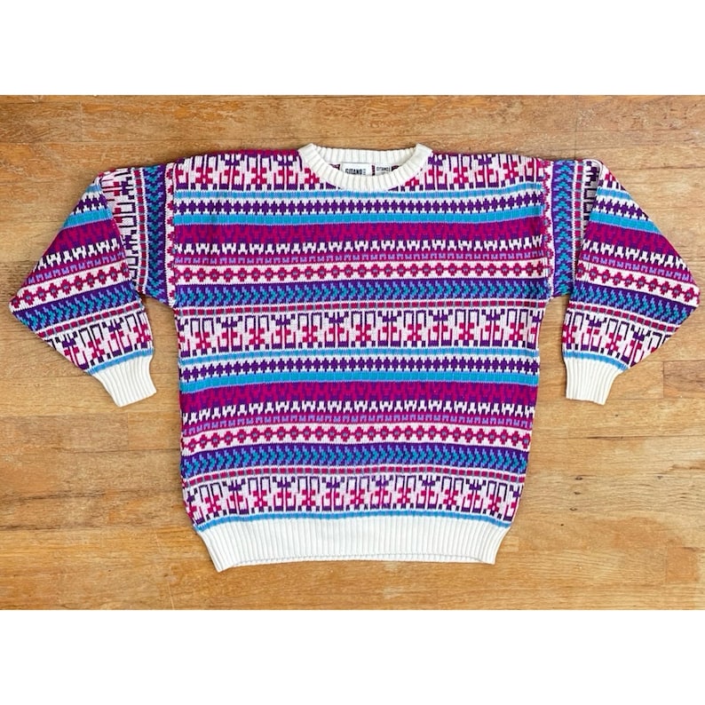 Vintage Fair Isle Sweater Womens Size Medium/Large | 1980s Knit Acrylic Crew Neck image 1