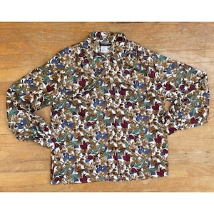 Vintage Leaf Print Blouse Womens Size Large 1980s Foliage Button Down Shirt