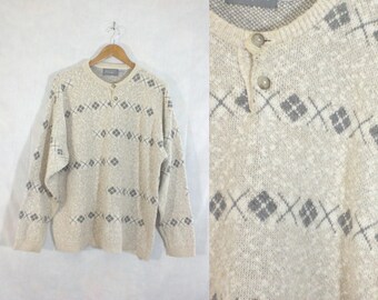 mens argyle sweater size large. 80s sweater mens sweater. cotton sweater. mens large. beige gray preppy sweater medium