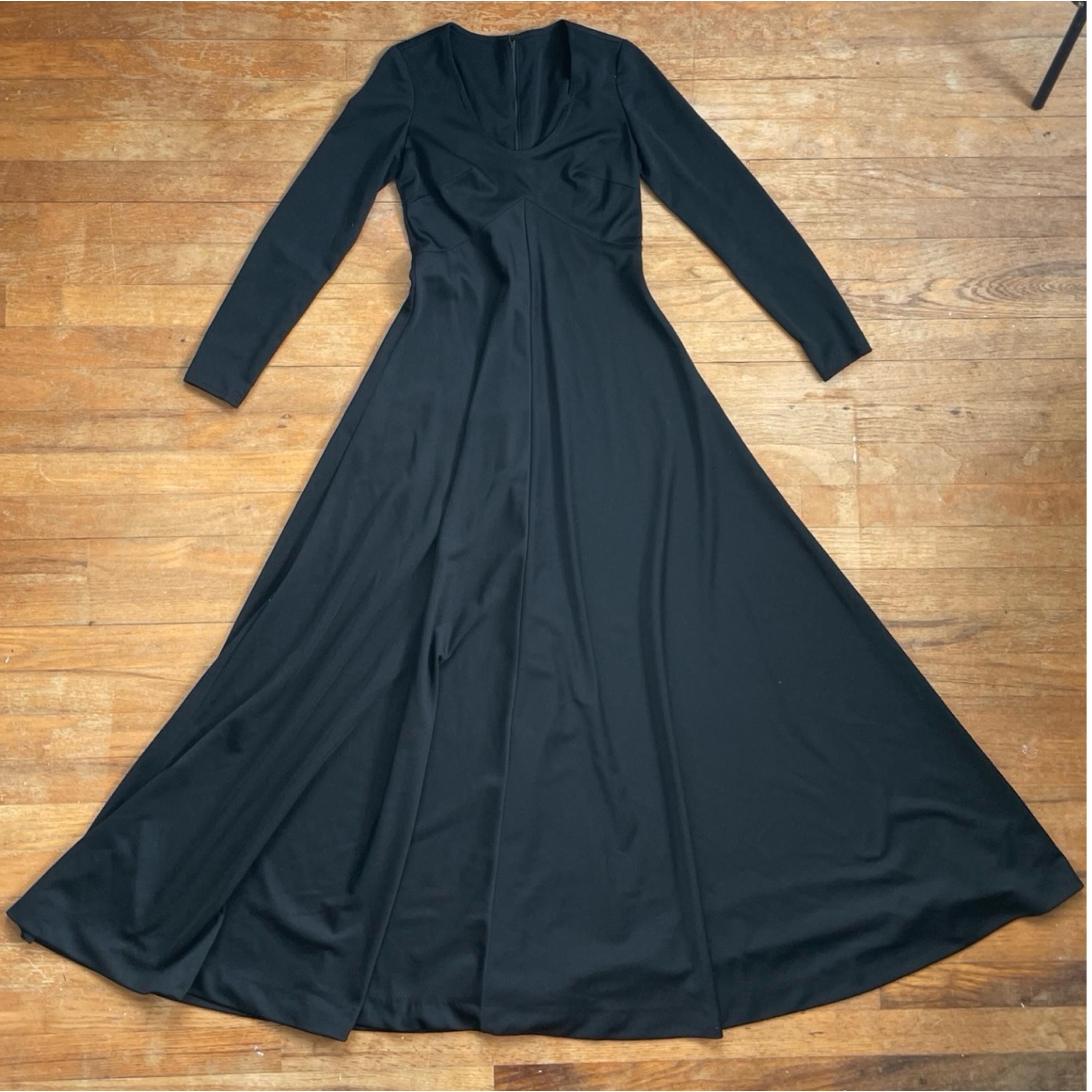 Vintage 1960s Black Maxi Dress Size XXS 60s Fine Poly Knit Long