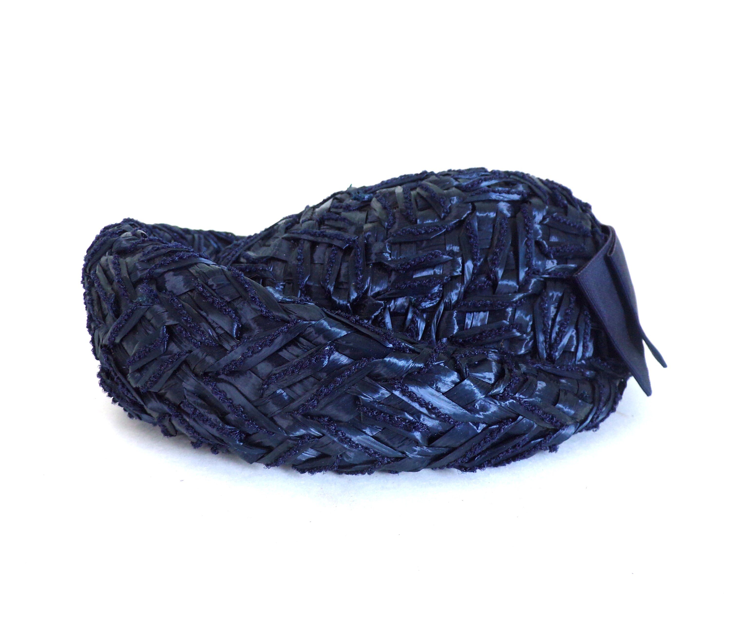 Vintage 60s Straw Hat Navy Blue Round 1960s Fascinator Cap  display picture 2