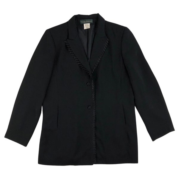 Blazer vintage en ruban de satin noir | Manteau sport en crêpe des années 90 | Grande taille femme