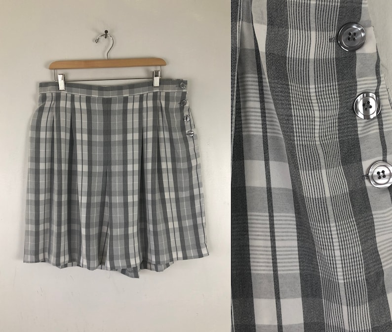 90s Gray Plaid Wide Leg Shorts 36-38 Waist Vintage High Waist Plaid Short Womens Plus Size 1X
