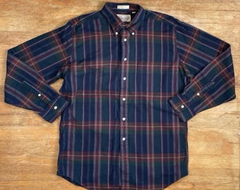 Vintage Mens Plaid Shirt Size Medium 80s Tartan Cotton Collared Twill Outdoor