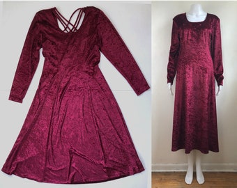 Vintage Velour Midi Dress | 90s Burgundy Pull On Dress | Womens Size Small