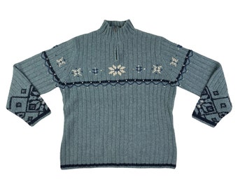 Vintage Fair Isle suéter de lana mujer tamaño grande / 1990s acanalado nórdico 1/4 cremallera cuello simulado
