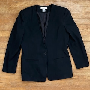 Vintage Schwarze Krepp Wolle Blazer Damen Größe Große 80er Jahre Sport Mantel Anzugjacke