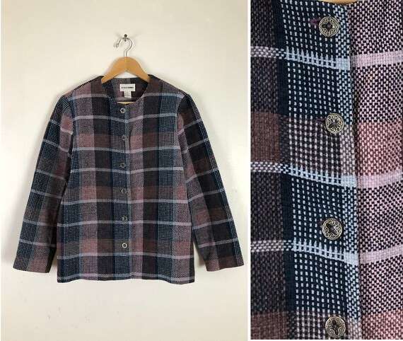 Vintage Plaid Chenille Jacket | 90s Purple & Blue