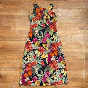 Vintage Floral Maxi Dress Size Medium 90s Tropical Hawaiian Crepe Sleeveless Long