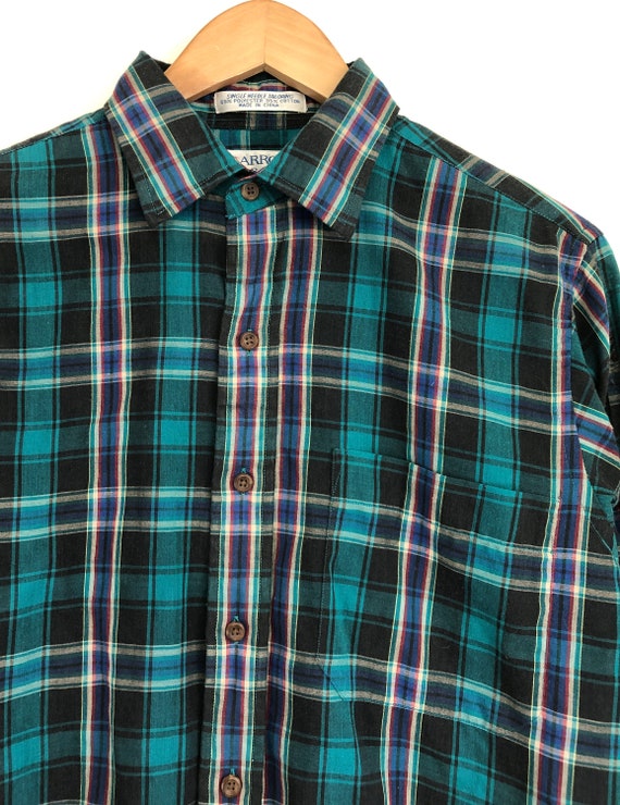 Vintage Mens Plaid Shirt | 70s Teal Tartan Button… - image 3