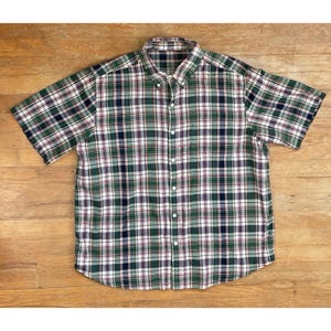 Vintage Mens Plaid Shirt Size Large/XL 1990s Green Tartan Cotton Short Sleeve Button Down