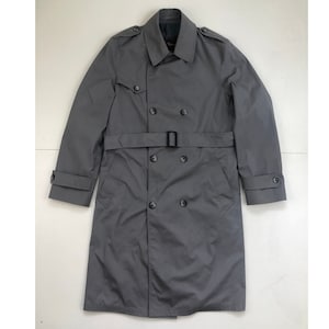 Vintage Mens Rain Coat | 70s Gray Water Resistant Belted Double Breasted Canvas Overcoat | Mens Size Small (38L)