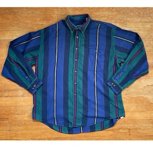 Vintage Mens Striped Lands End Shirt Size XL 1980s Colorful Striped Twill Flannel Button Down