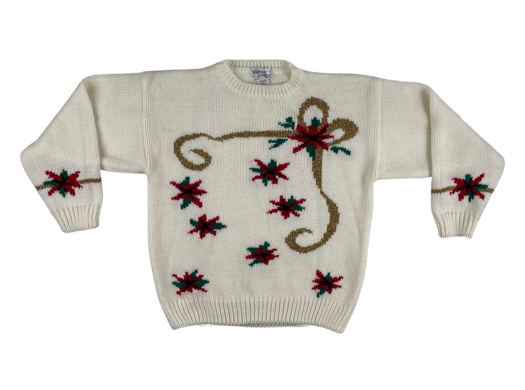 Vintage Floral Sweater 80s Soft Knit Acrylic Crew Neck Sweater Womens