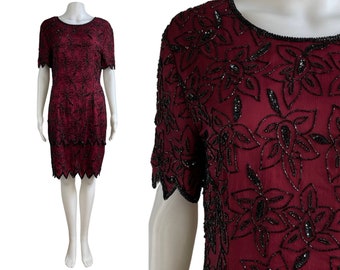 Vintage Beaded Silk Dress Womens Size Small | 90s Burgundy Red Fancy Embellished Cocktail Party Frock