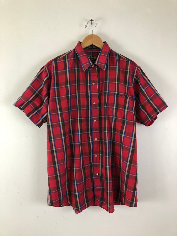 Vintage Mens Plaid Shirt | 70s Red Tartan Button … - image 2