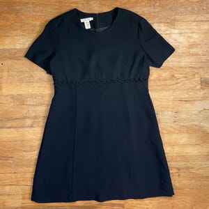 Vintage Black Crepe Dress Womens Size Large 1980s Short Sleeve A-Line Frock