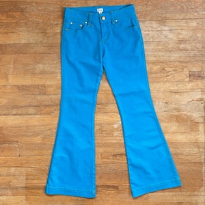 Vintage Bell Bottom Low Rise Jeans Size Small (6) 29&quot; Waist 1990s Cache Bright Blue Denim