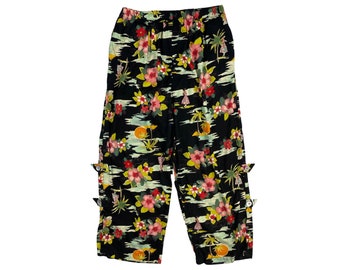 Vintage Tropical Print Capris Womens Size Large | 90s Floral Novelty Cropped Pants with Pockets