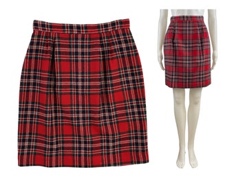 Vintage Plaid Wool Skirt | 90s Red Tartan Mini Skirt | Womens Size XS | 25" Waist