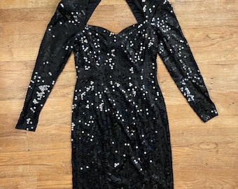 Vintage Black Sequin Dress Size XS 1980s Sweetheart Cut Out Cocktail Party