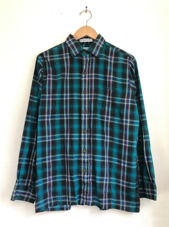 Vintage Mens Plaid Shirt | 70s Teal Tartan Button… - image 2