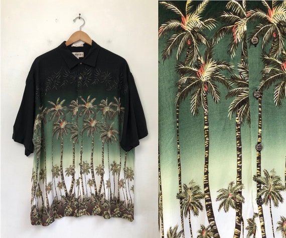 Vintage Mens Hawaiian Shirt | 90s Floral Palm Tre… - image 1