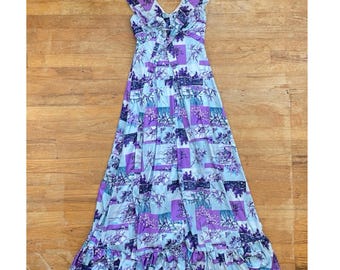 Vintage 60s Maxi Dress Size XS 1960s Mixed Print Handmade Sleeveless Halter Gown