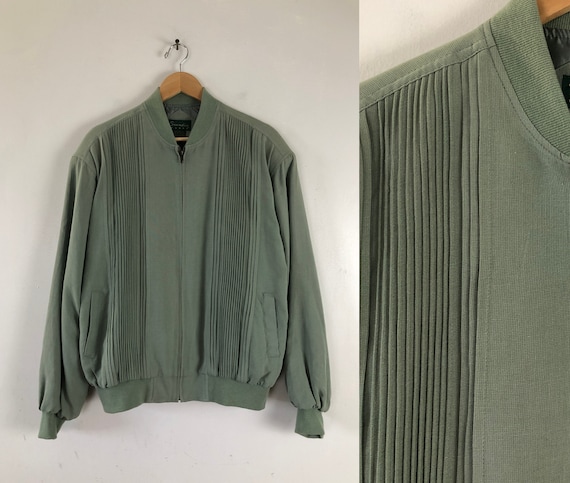 Vintage Mens Silk Bomber Jacket | 90s Moss Green P